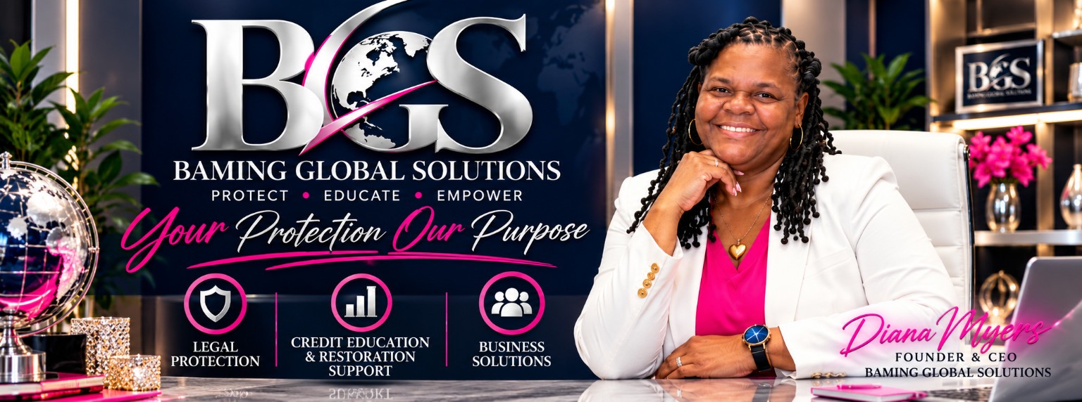 Original BAMING Global Solutions cover featuring founder Diana Myers, BGS globe logo, and Protect Educate Empower branding